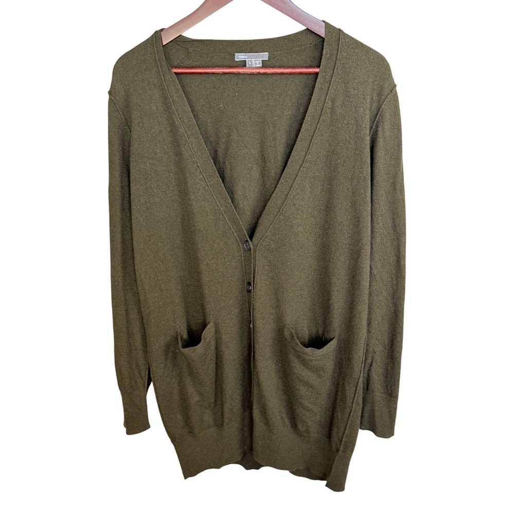 Vince Olive Green Longline Cardigan Sweater V-Neck Button Front Pockets Large